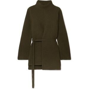 Vince Belted Ribbed Wool Cashmere Turtleneck Sweater in Army Green size XS